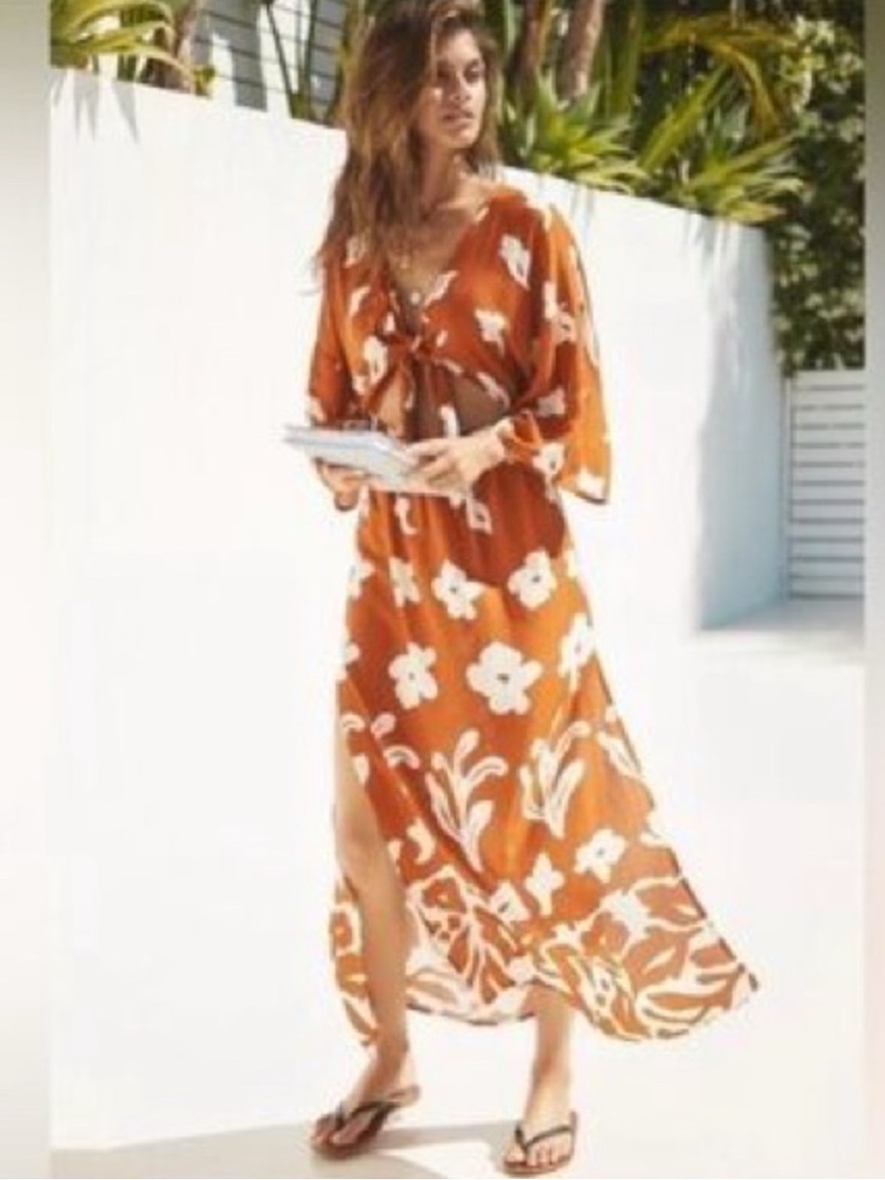 Anthropologie Orange Floral Tie-Front Maxi Dress